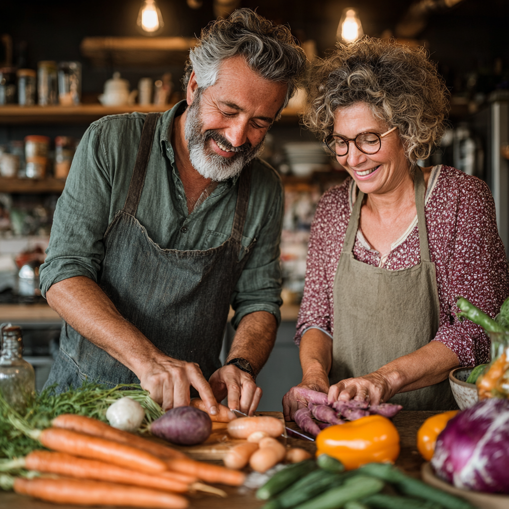 Mature couple in their late 40s preparing healthy colorful vegetables together in bright modern kitchen, both smiling and engaged in meal preparation