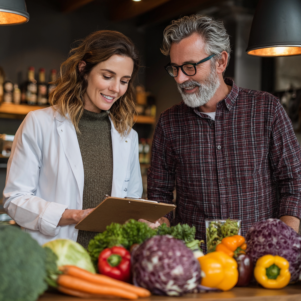 Professional nutritionist woman in her 40s wearing white coat consulting with mature male client about healthy meal planning in modern kitchen setting